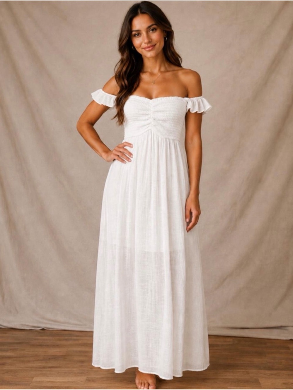 Promesa White Off Shoulder Maxi Dress